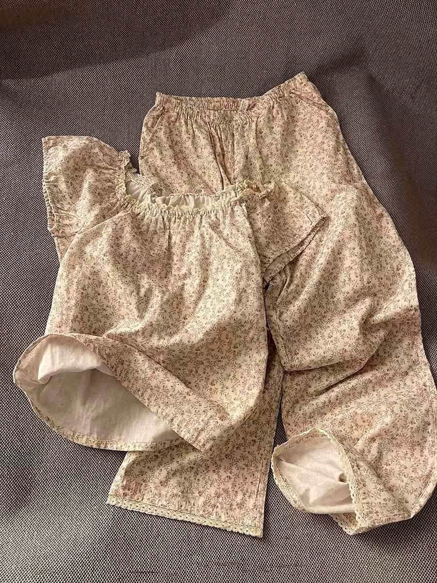 Sin Glee Women's Summer Floral Short-Sleeve Pajama Set – French-Style Soft & Casual Loungewear with Long Pants
