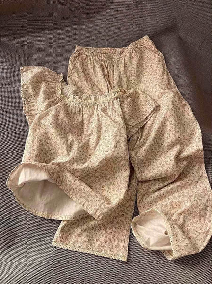 Sin Glee Women's Summer Floral Short-Sleeve Pajama Set – French-Style Soft & Casual Loungewear with Long Pants