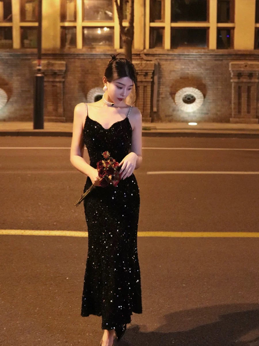 Thirteen and Little French suspender dress for women autumn velvet fishtail temperament black sequin evening dress