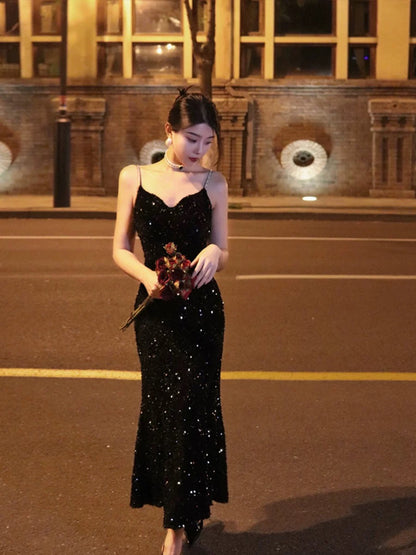 Thirteen and Little French suspender dress for women autumn velvet fishtail temperament black sequin evening dress