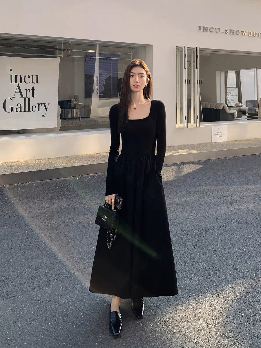 MULVAN square neck long-sleeved knitted dress for women, French style, high-end, waist slimming, A-line splicing long skirt (S0604)