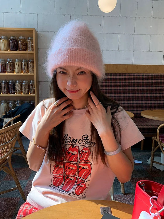 Luoluo Xianjie niche tops 2025 new early spring short-sleeved T-shirts for women with small size loose pink print