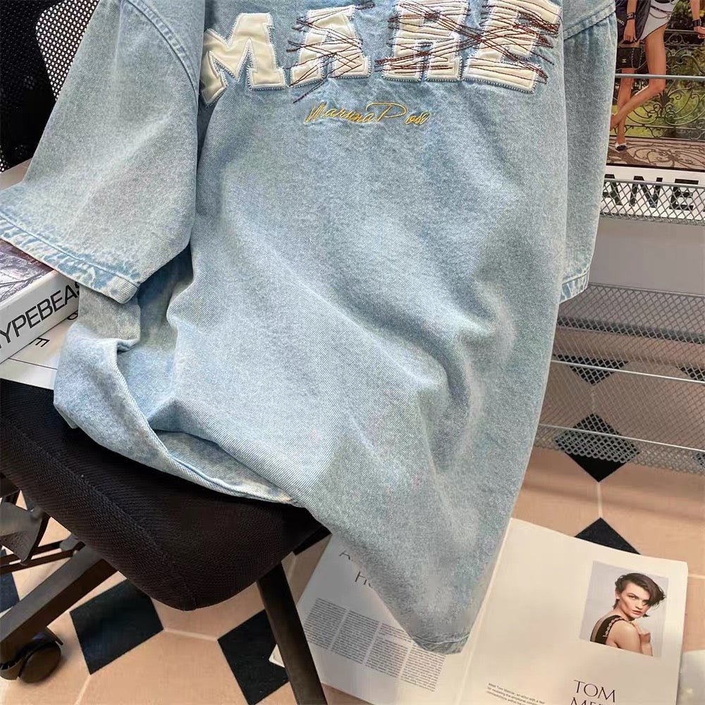 Guochao American oversize high street washed denim letter embroidery t-shirt female hiphop shoulder short-sleeved top