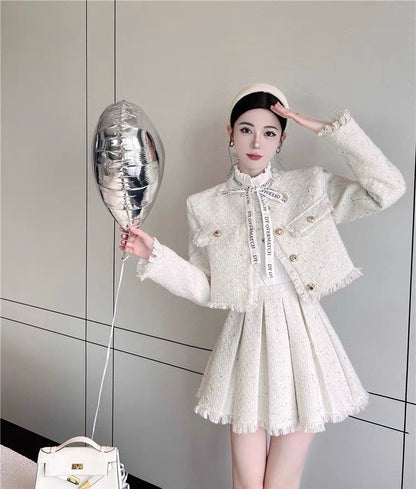 French celebrity temperament autumn and winter with a whole set of women's clothing professional small fragrant wind short coat pleated skirt