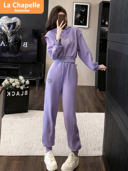 La Chapelle Purple Casual Sports Suit Women's Autumn 2023 New Fashion Style Hooded Sweatshirt Two-piece Set