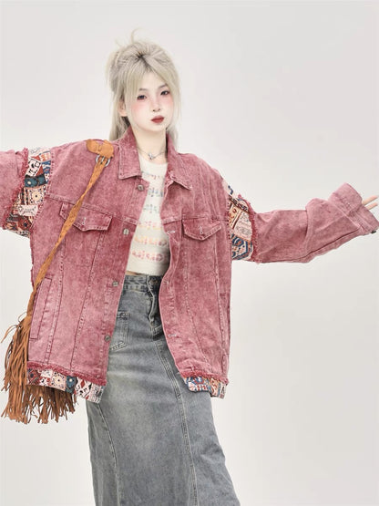 American retro dirty pink vintage denim jacket for women spring and autumn 2023 loose design niche jacket top A3355