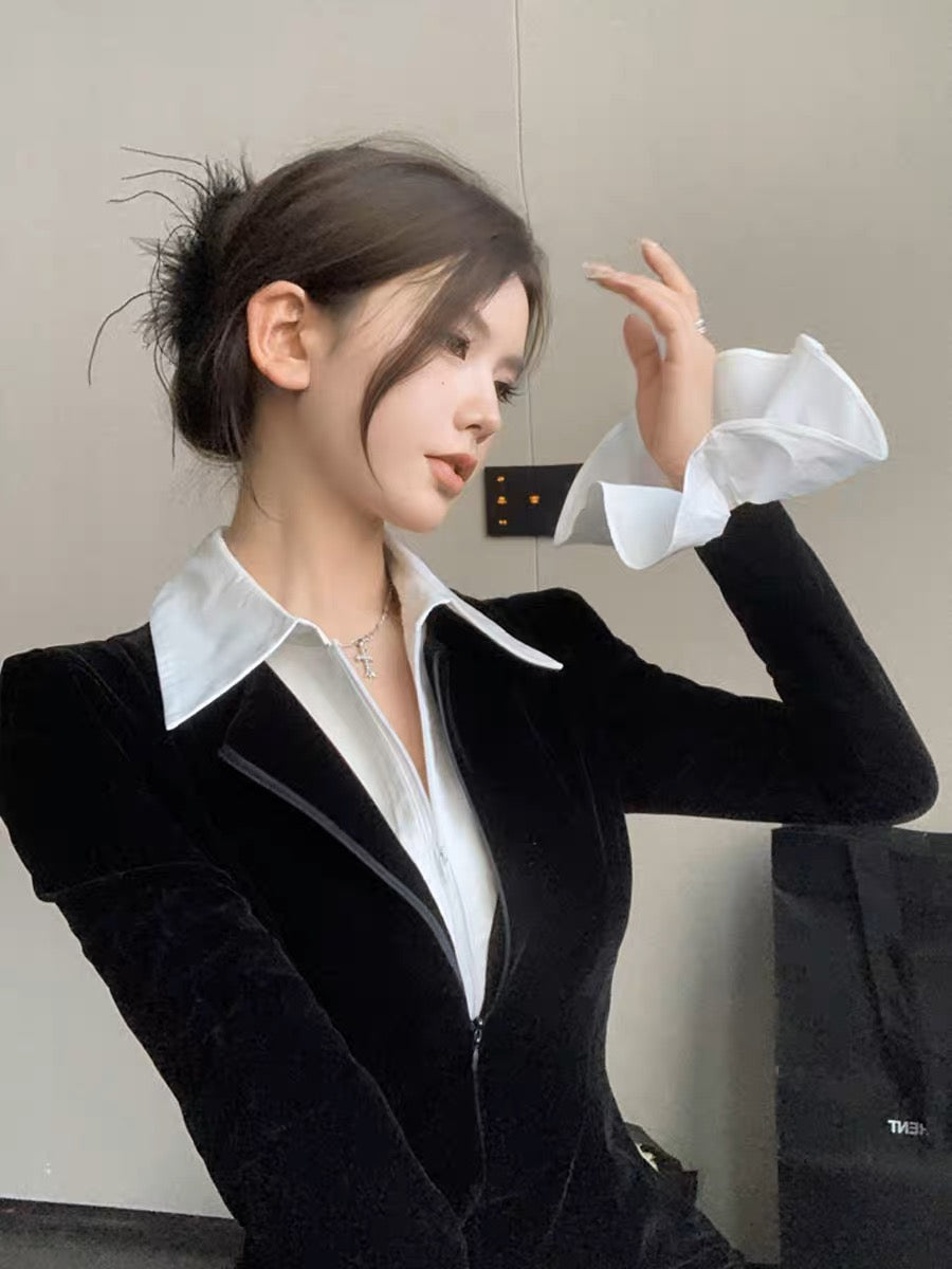 Fake two-piece spliced polo collar velvet dress women's autumn high-end long-sleeved short skirt sexy waist bag hip skirt (D0915)