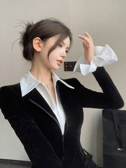 Fake two-piece spliced polo collar velvet dress women's autumn high-end long-sleeved short skirt sexy waist bag hip skirt (D0915)