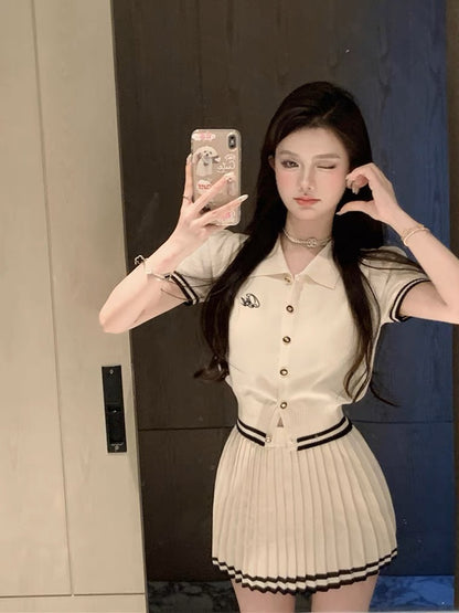 Xiaoxiangfeng College Suit Women's Summer French Polo Neck Knitted Top + Pure Desire Pleated Skirt Two-piece Set