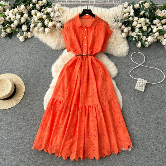 Small design buttoned loose lace long dress for women summer waist pleated shirt collar splicing long dress