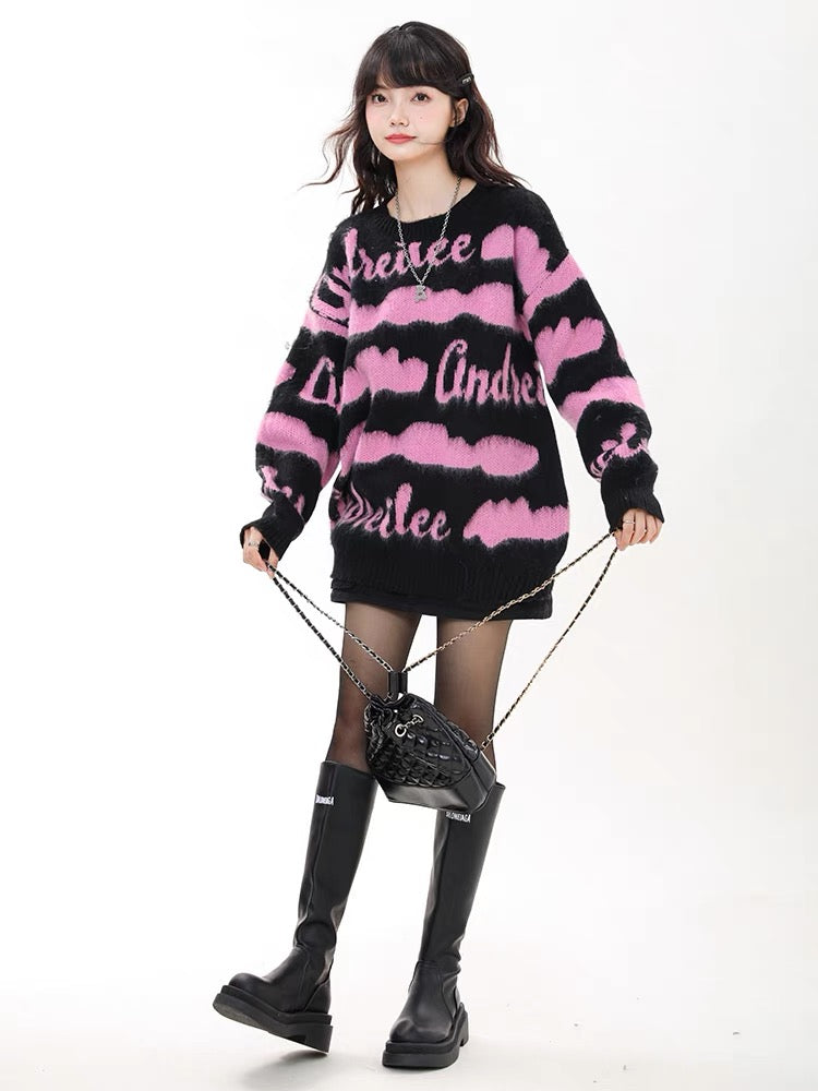 Big sim small sim American striped sweater soft waxy sweater autumn and winter women's lazy style loose pullover top jacket V1164