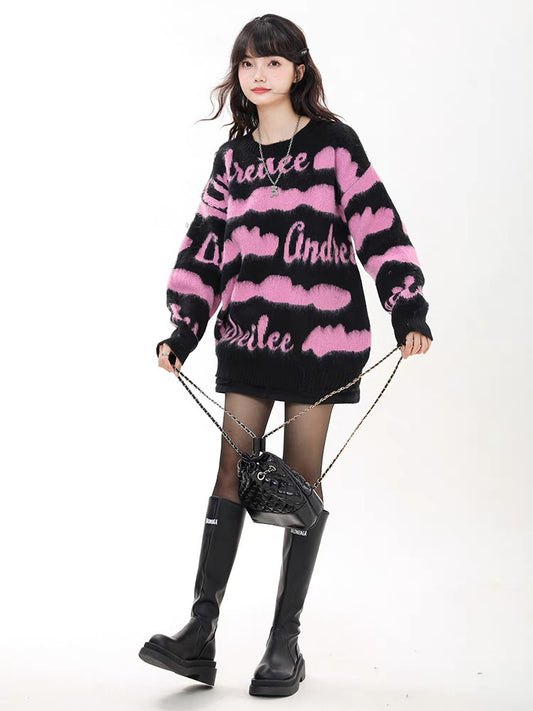 Big sim small sim American striped sweater soft waxy sweater autumn and winter women's lazy style loose pullover top jacket V1164