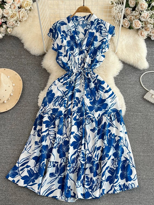 High-grade light luxury temperament flying sleeves V-neck waist slimming A-line ruffled print dress elegant long skirt