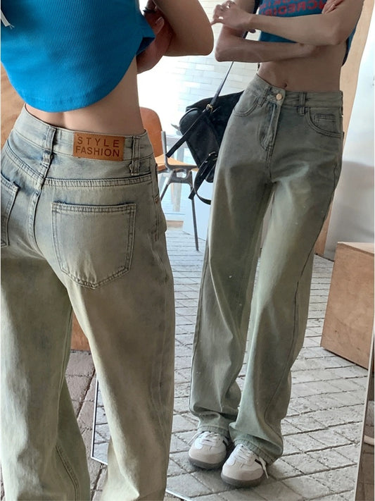 Light blue jeans, high-waisted floor-length pants for women, summer American retro loose wide-leg pants, straight-leg pants, drapey pants