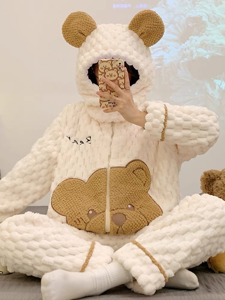 Coral velvet pajamas for women, winter cartoon bear with hood, autumn and winter velvet thickened zipper home clothes that can be worn outside