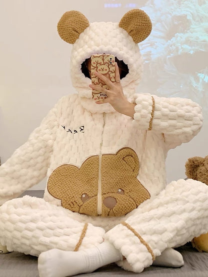 Coral velvet pajamas for women, winter cartoon bear with hood, autumn and winter velvet thickened zipper home clothes that can be worn outside