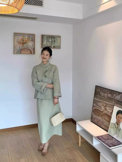 New Chinese-style buttoned jacket, top and skirt two-piece suit, autumn and winter retro national style outfit, complete set of high-end feel