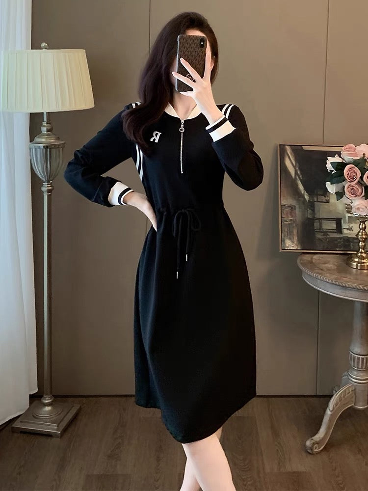 Fashionable Casual Western Dress 2023 Autumn and Winter New Zipper Collar Black and White Contrast Color Adjustable Drawstring Skirt for Women D5594