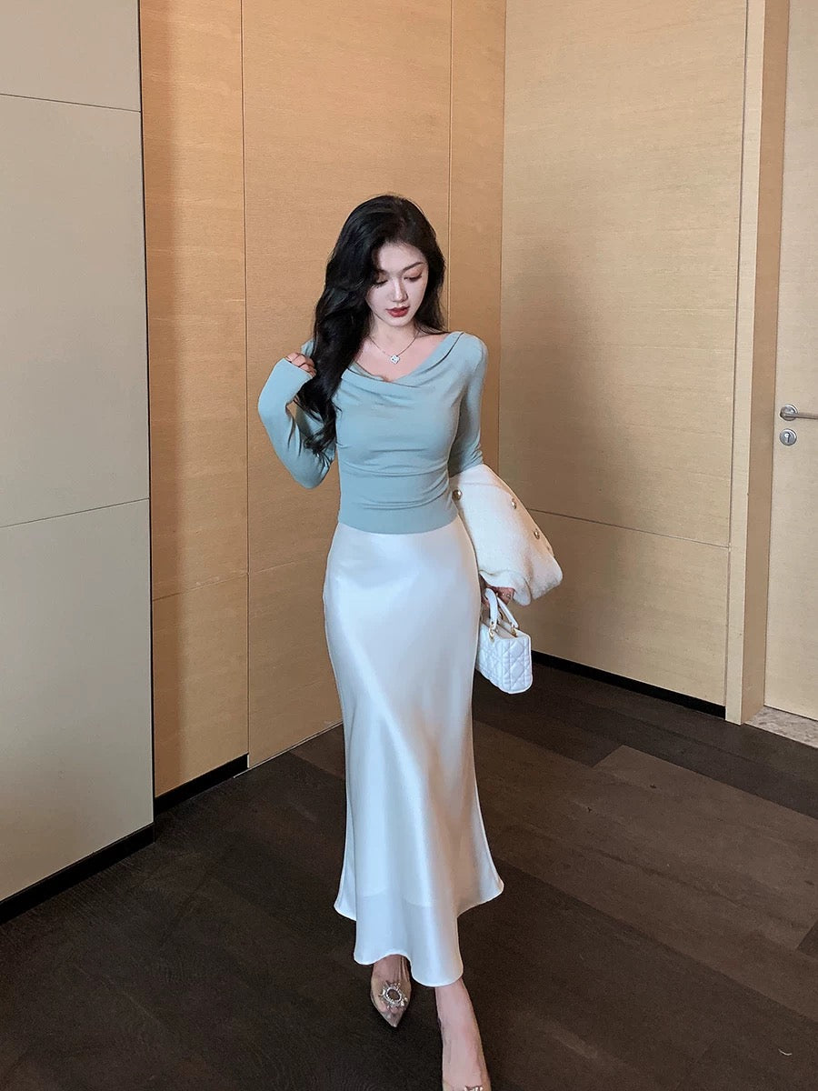 Lin Guanguan champagne imitation acetate satin skirt satin fishtail skirt white drape hip skirt
