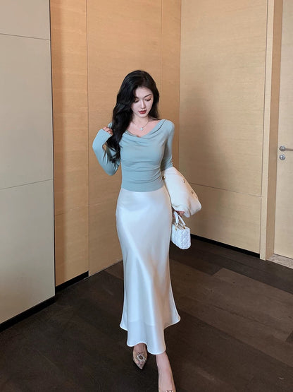 Lin Guanguan champagne imitation acetate satin skirt satin fishtail skirt white drape hip skirt
