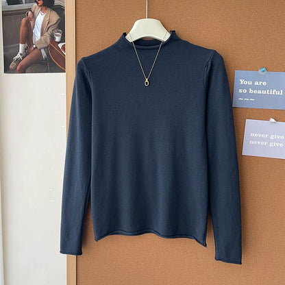 Retro soft and sticky cashmere rolled-edge turtleneck knit sweater for women, autumn and winter, gentle and versatile layering base layer top.