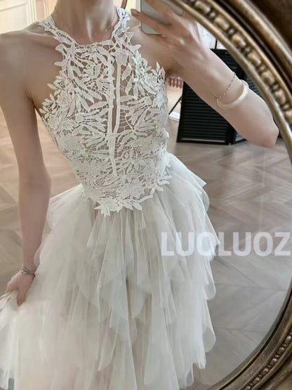 LUOLUOZ [Vintage-Style Ballet] Halter-Neck Lace and Tulle Dress – Ethereal Long Gown (JF1546)