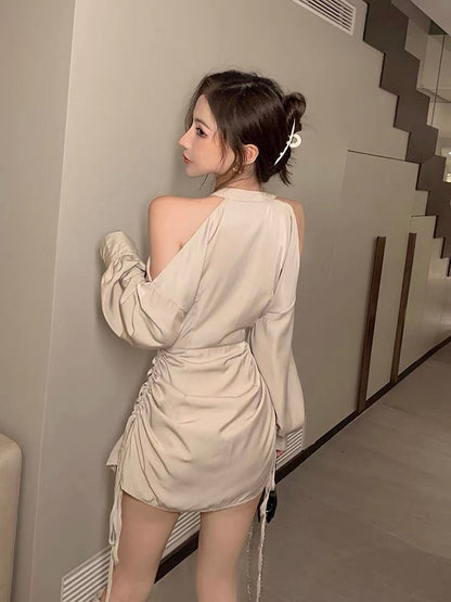 Pure lust style shirt dress for women in autumn and winter new style waist slimming halterneck off-shoulder chic and stunning skirt