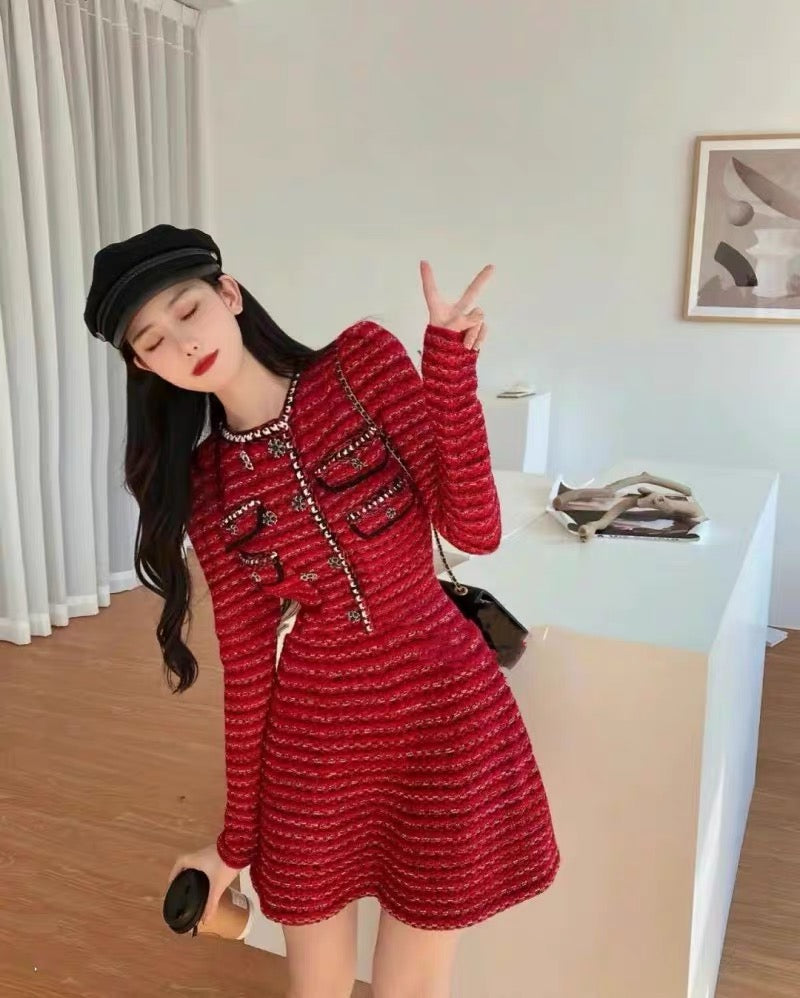 Zhang Li's same style French retro New Year's red slim-fitting small fragrant knitted dress toasting dress can be worn at ordinary time D9198