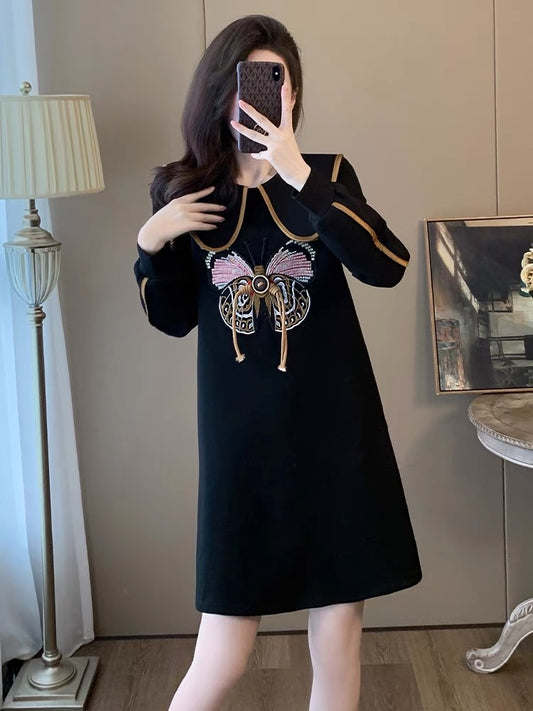 New autumn and winter fashionable temperament black dress women's Korean style loose doll collar slim long-sleeved age-reducing sweatshirt dress