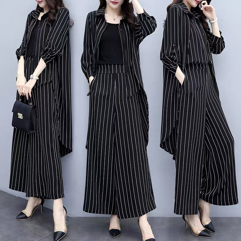 2023 new autumn plus size women's loose black striped cardigan two-piece casual fashion wide-leg pants suit