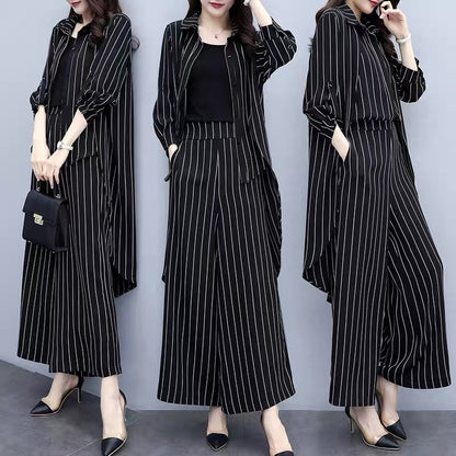 2023 new autumn plus size women's loose black striped cardigan two-piece casual fashion wide-leg pants suit