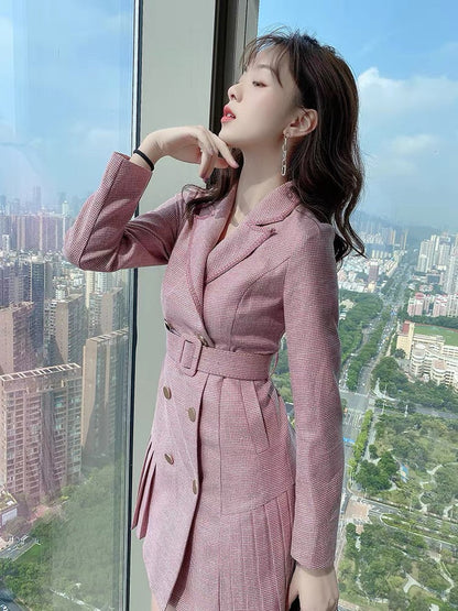 Pink suit skirt for women spring 2022 new style slim and small double-breasted pleated dress for women spring and autumn (B1419)