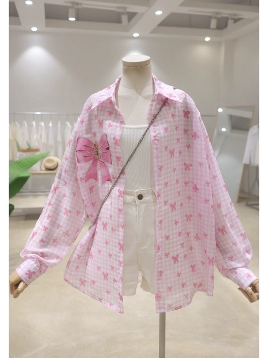 Drape light and thin bow bear hot diamond 2024 summer loose medium and long hip-length long-sleeved sun protection shirt for women
