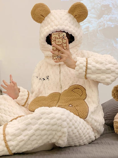Coral velvet pajamas for women, winter cartoon bear with hood, autumn and winter velvet thickened zipper home clothes that can be worn outside