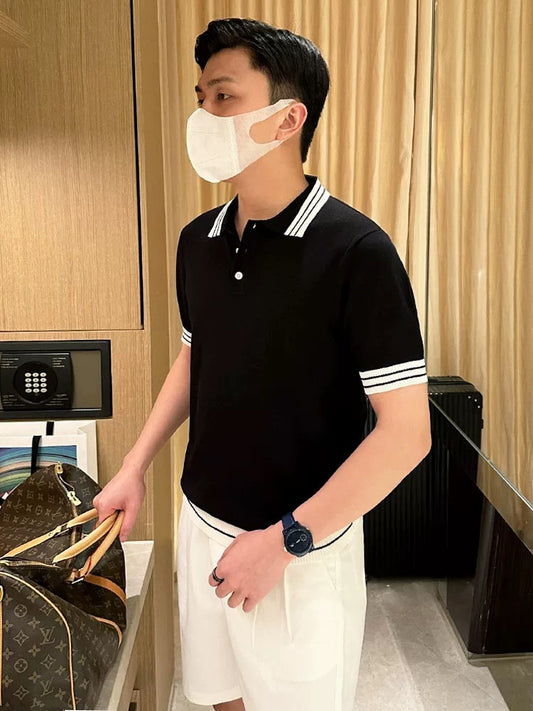 Classic retro color matching striped casual men's short-sleeved T-shirt Summer new high-end black slim polo shirt men