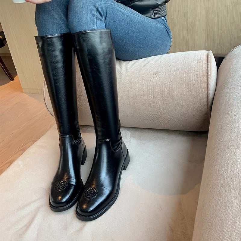 Cowhide boots, women's boots, students' mid-heel high boots, but knee boots, round-toed camellia, small fragrance, thick-heeled boots, new style