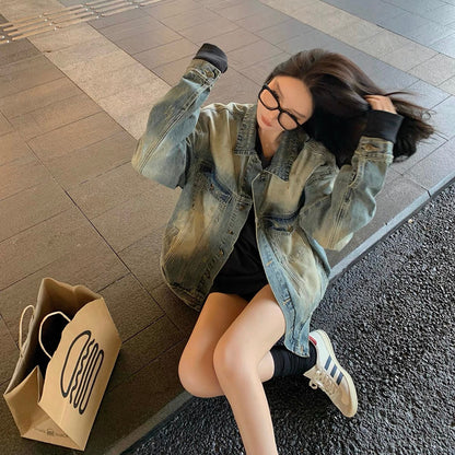Good Morning Fanfan boyfriend style distressed frayed denim jacket for women autumn thin loose slim Korean style lazy style top (J234)