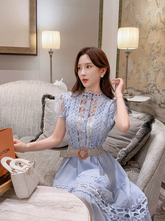 Zhang Xinzi [Dress Girl] Holiday Style Hollow Dress Women's Summer New French Romantic Waist Long Dress