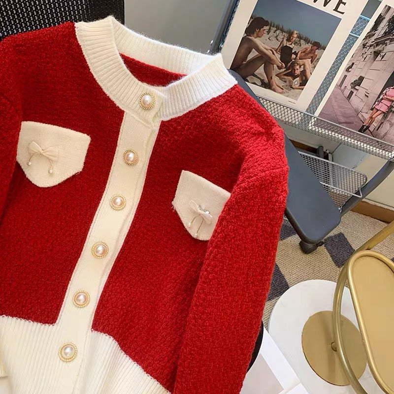 This year's popular beautiful bow sweater women's autumn design niche contrasting color knitted cardigan gentle wind jacket