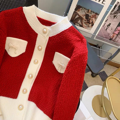 This year's popular beautiful bow sweater women's autumn design niche contrasting color knitted cardigan gentle wind jacket