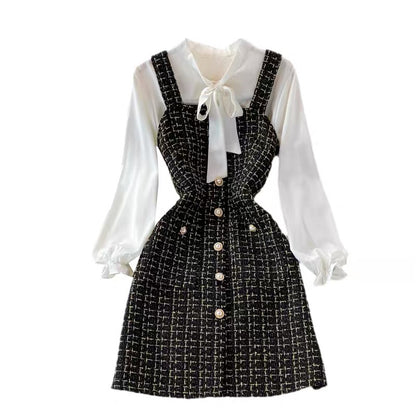 Autumn ladylike elegant bow tie shirt two-piece suit tweed plaid suspender dress
