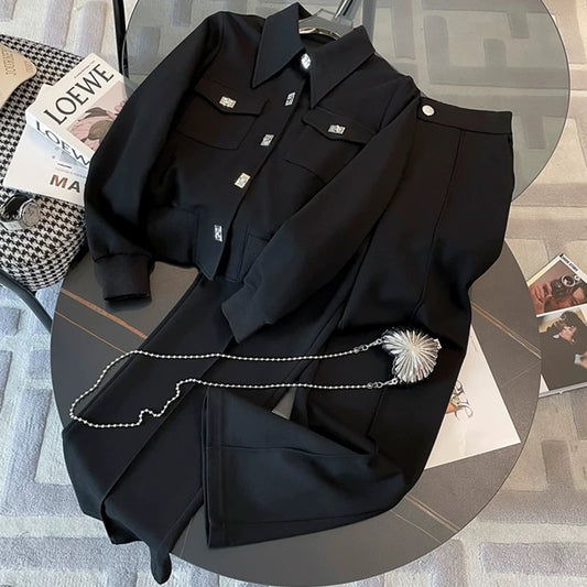 European Sports and Leisure Suit for Women Autumn 2023 New Street Style Lady’s Wide-leg Pants Two-piece Set
