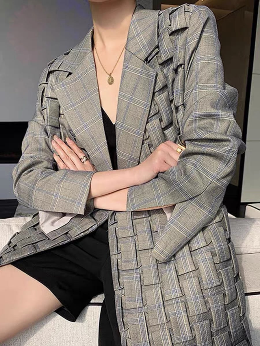 High-end heavy-duty design fashionable three-dimensional plaid gray mid-length suit spring and autumn new socialite workplace top