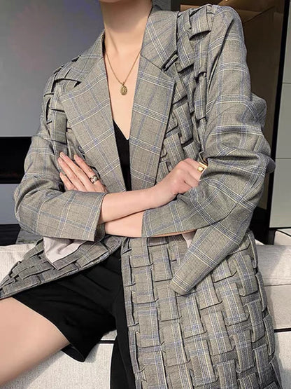 High-end heavy-duty design fashionable three-dimensional plaid gray mid-length suit spring and autumn new socialite workplace top