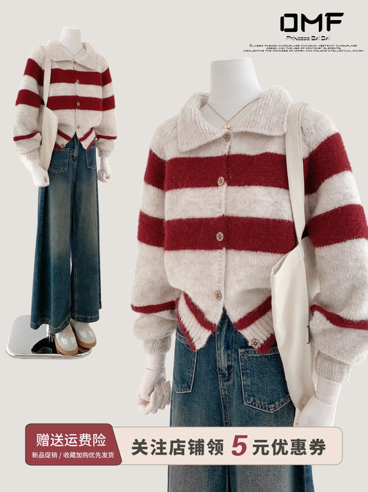 style bow-knitted sweater cardigan coat for women in early autumn straight shoulder French design short outerwear