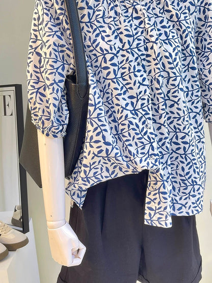 The last wave of new styles in summer~ French style small lantern sleeves half-sleeved cotton shirt with printed round neck and puffy three-quarter sleeves for women