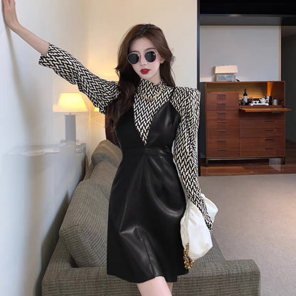 French design niche retro plaid long-sleeved bottoming shirt leather skirt suspender dress fashionable two-piece suit