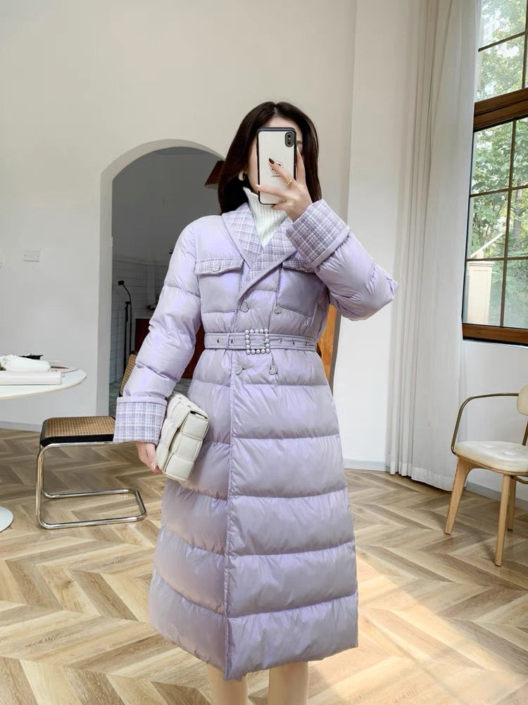 Nori gentle style French retro small fragrance style down cotton coat for women winter French plaid splicing mid-length cotton coat