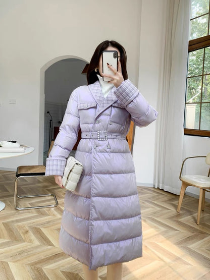 Nori gentle style French retro small fragrance style down cotton coat for women winter French plaid splicing mid-length cotton coat