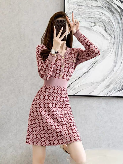 French style waist slimming pink sweater skirt 2023 new autumn and winter women's small knitted dress (V5517)